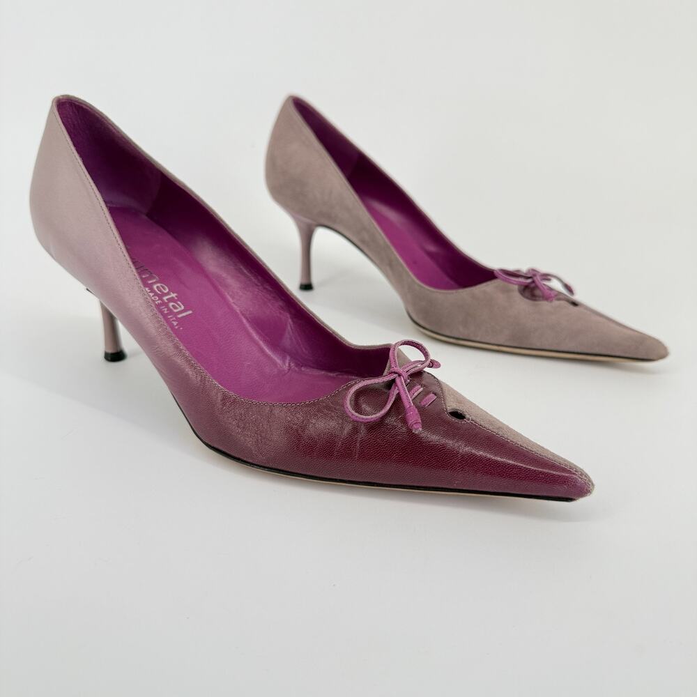 Y2K Gunmetal Italy Heels Size 6.5 EU 37 Pink Purple‎ Kitten Bow Pointed Toe